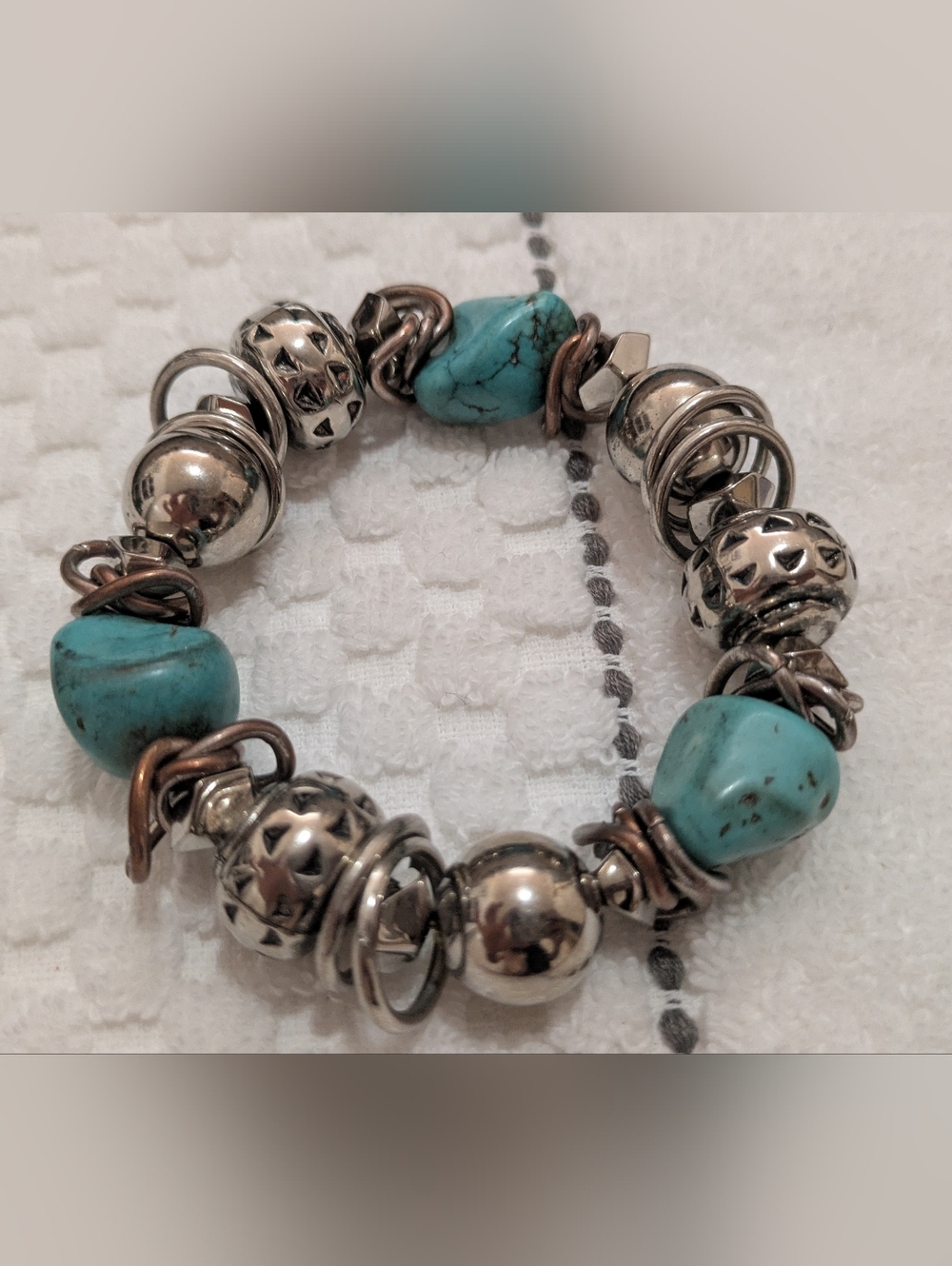 Turquoise Stone and Silver Bead Stretch Bracelet